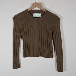 Hollister Full Zip Rabbit Hair Blend Ribbed Stretch Sweater Brown Large 14.5x17